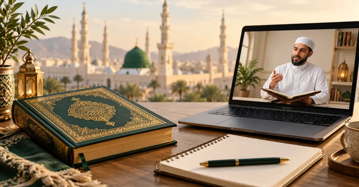 صورة توضيحية لمصحف ودفتر متابعة وحاسوب يعرض درس قرآن عن بعد، مع خلفية مستوحاة من المسجد النبوي.